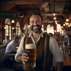 Wall Mural - a man is holding a large glass of beer at a restaurants