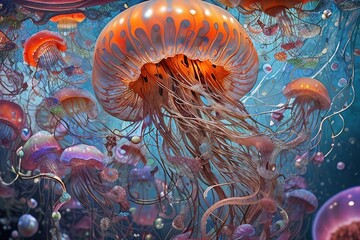 Wall Mural - Illustration of an underwater world with a wide variety of jellyfish.