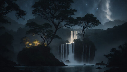 Wall Mural - Starry sky, big tree, dramatic atmosphere, island, waterfall. Sparkling lights - AI Generative