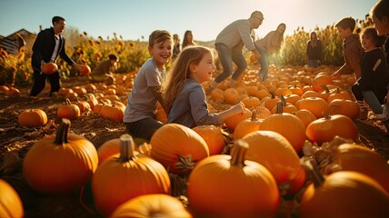 Wall Mural - people of all ages picking pumpkins at a pumpkin patch, their excitement as they search for the perfect pumpkin amidst a sea of orange.