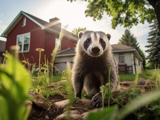 Wall Mural - A Photo of a Badger in the Backyard of a House in the Suburbs