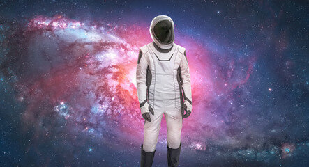Poster - Astronaut stand in deep bright space. Future space mission from Earth planet. Spaceman in stars. Elements of this image furnished by NASA