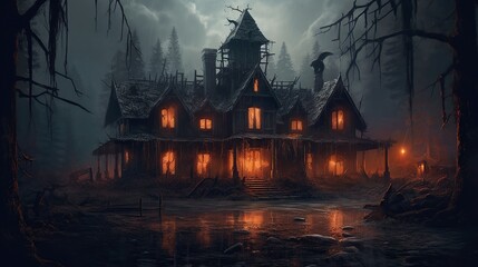 Sticker - illustration, a haunted house with light, and a gloomy forest