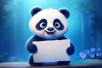 cartoon illustration, panda bear holding a blank sign