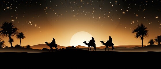 Wall Mural - Silhouette of Three wisemen riding their camels on their way to visit baby Jesus 
