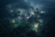 Aerial view of enchanting forest at night, with fog, fairies, and mythical creatures. Serene and breathtaking. Generative AI