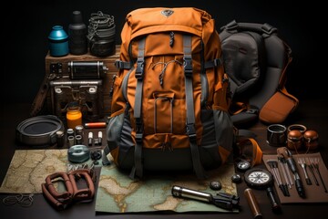 A traveler's backpack and essential gear, neatly arranged for an adventure, with maps, hiking boots, and a camera ready for a day of exploration