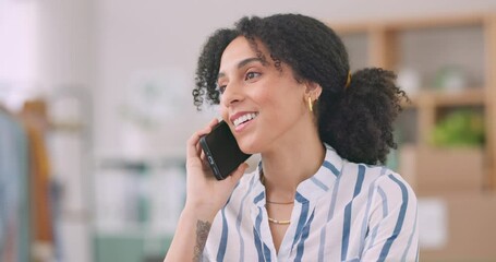 Aufkleber - Phone call, woman or smartphone with networking for retail, sales orders or stock check in office at workplace. Business, person or phone with communication, conversation and customer service at work