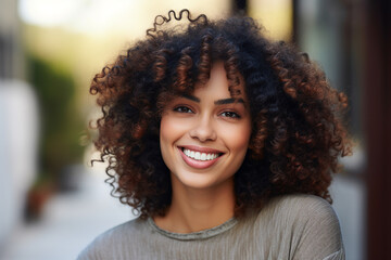 Wall Mural - Generative AI picture of beautiful young woman afro volume hair style in the street sunny day