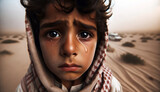 Fototapeta  - Arabian boy in the Middle East, with sand-streaked cheeks, looking towards with tears