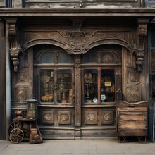 Luxuriously Decorated Wooden Entrance To The Shop From The 19th Century.