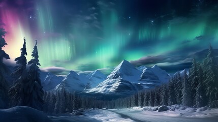 Night in the mountains. Scenic winter night in nature with polar night light Aurora borealis.