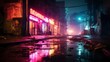 Night city lights. Neon lights at streets, a run-down side street. Retro 80s urban nightscape background.