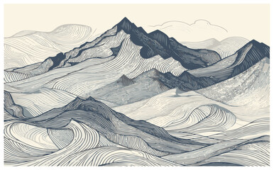 Wall Mural - Mountain Wave Line Art Print. Abstract Vector Illustrations Showcasing Contemporary Aesthetic Backgrounds with Mesmerizing Mountain Sceneries.