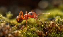 Generative AI Illustration Of Side View Of Red Ant With Antennae And Legs Black Eyes In Nature Against Blurred Background