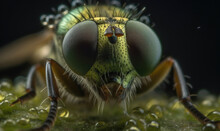 Generative AI Image Closeup Of Wild Bee With Big Black Eyes Collecting Pollen From Green Flower