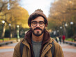 Acercamiento de un hombre joven latino con gafas, usando ropa de invierno paseando por un hermoso parque de la ciudad de México