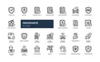 insurance security service protection support delivery shield detailed outline line icon set