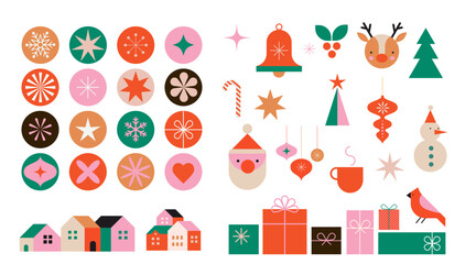 Christmas elements in modern minimalist geometric style. Colorful illustration in flat cartoon style. Xmas tree with geometrical patterns, stars and abstract elements