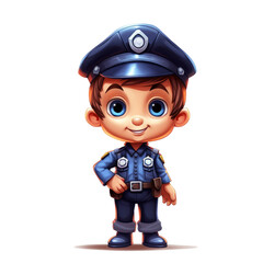 Young smart future police officer kid, community helpers, modern logo for kids, isolated transparent background generative ai