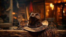 A Cowboy Hat And Rope Hanging On A Peg In A Cabin. Generative AI