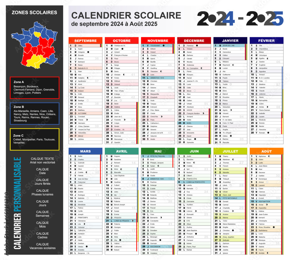 Calendrier scolaire septembre 2024 aout 2025