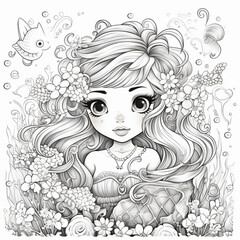 Sticker - children's illustration of a mermaid, coloring, line, drawing
