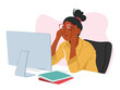 © Anna Syvak - Young Woman In Office Clothes And Glasses Sits At Table With Computer, Rubbing Her Tired Eyes, Vector Illustration