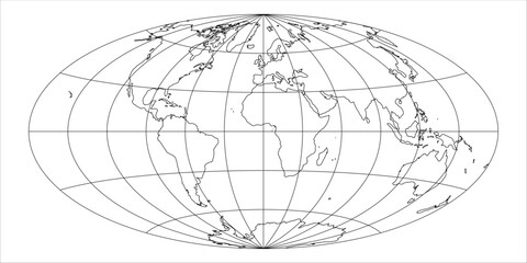 simplified map of world with latitude and longitude grid. aitoff projection. white land with black s
