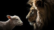 A depiction of the Lion and the Lamb side by side against a black background