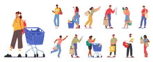 Set Diverse Group Of Male And Female Characters Happily Shopping For Groceries, Filling Their Carts With Fresh Produce