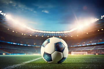 Resting on the soccer stadium's grass is a soccer ball. The pre-game excitement. The calm prior to the storm. Empty seats and spotlights before the event. A concept for sports and soccer.