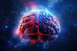 © Sebastian - Brain at the center of a galaxy, illuminated by bright blue and red lights, representing the enigmatic nature of the human mind. Generative Ai, Ai.