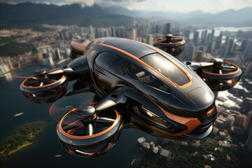 Poster - an electric air taxi evtol soaring high above a cityscape, illustrating the future concept of urban 