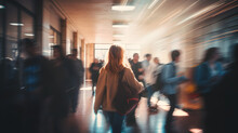 A Blurry Image Capturing High School Students Navigating Crowded Hallways Between Classes In A Bustling School Building