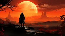 Cowboy Silhouette In The Wild West With A Revolver. Generative AI