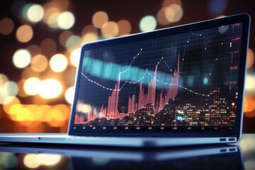 Wall Mural - Futuristic scene with a projection of a trading chart on a tablet monitor, the movement of the stock and cryptocurrency market. diagram