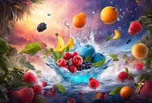Bright, Colorful, Delicious Fruit Splashing Nito Water