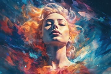  The photo reveals the face of a model emerging from colorful dust, creating a stunning and artistic visual effect. Generative Ai, Ai.