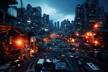 Aufkleber - a chaotic tangle of wires and cables resembling an abstract city skyline, symbolizing the modern dig