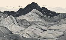 Abstract Mountain Wave Line Art Print. Vector Graphics Of Contemporary Aesthetic, Featuring Majestic Mountain Scenes.