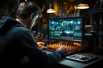Poster - A scientist observing an oscilloscope's display of electrical waveforms, studying the characteristics of signals. Concept of waveform analysis. Generative Ai.