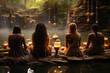 A group of Wiccans conducting a ceremony in nature, connecting with the cycles of the moon and earth. Concept of nature-based spirituality. Generative Ai.