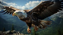 Majestic Eagle Soaring High Above Rugged Mountains. Generative AI