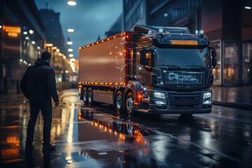 Canvas Print - A person tracking the real-time location of a delivery truck using a mobile app, highlighting the importance of visibility in supply chain management. Concept of real-time tracking. Generative Ai.