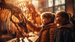 © Julia Zarubina - Generative AI, children, schoolchildren on an excursion to the prehistoric museum of paleontology looking at dinosaur skeletons, fossils, ancient lizards, education, architecture, boys, girls