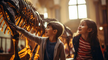 Generative AI, Children, Schoolchildren On An Excursion To The Prehistoric Museum Of Paleontology Looking At Dinosaur Skeletons, Fossils, Ancient Lizards, Education, Architecture, Boys, Girls