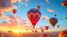 Hot Air Balloons Soaring Through The Sky In A Colorful Display
