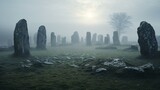 Fototapeta  - Stonehenge surrounded by a mystical fog in a vast field