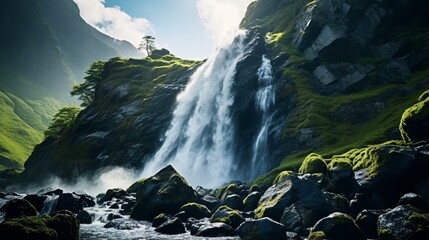 Wall Mural - A picturesque waterfall amidst lush green mountains